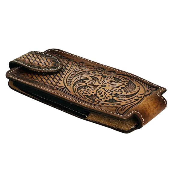 Western Leather Cell Phone holster brown - hand tooled,Funda de piel vaquera - Picture 3 of 4